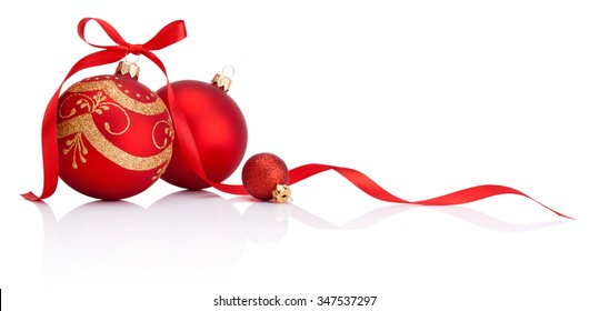 Red christmas decoration baubles with ribbon bow isolated on white background - Shutterstock ID 347537297