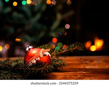 red Christmas decoration in front of burning fireplace and holiday lights - cozy home - Powered by Shutterstock