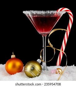 Red Christmas Martini With Lollipop On Black Background