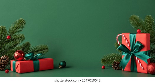 Red Christmas presents adorned with green ribbons, surrounded by pine branches and festive decorations, embodying the winter holiday spirit - Powered by Shutterstock