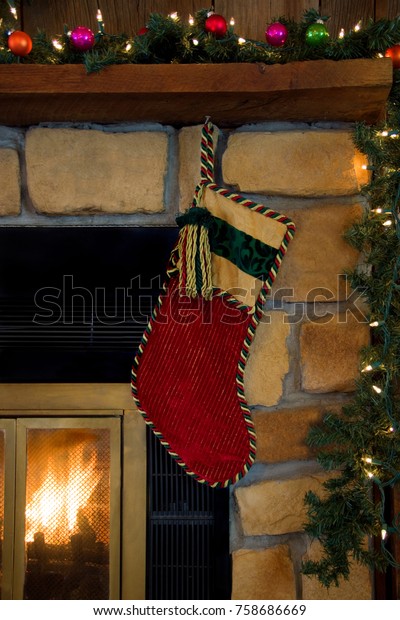 Red Christmas Stocking Hanging Fireplace Stock Photo Edit Now
