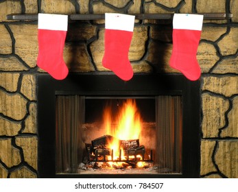 Red Christmas Stockings Hung By The Fireplace With Care