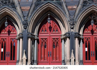 Red church doors in Baltimore, Maryland.