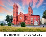 Red Church or Church Of Saints Simon and Helen at independence Square in Minsk, Belarus