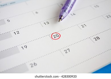 Red Circle Mark On The Calendar At 20th