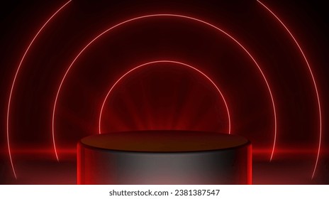  Red circle neon background with cylinder platform suitable for product placement