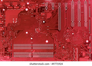Red circuit board of a computer mainboard