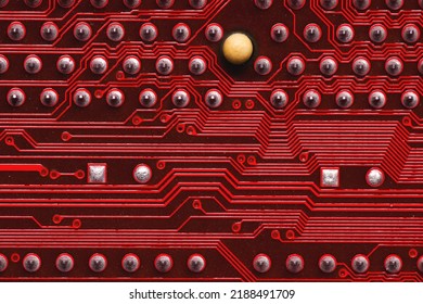 Red Circuit board, electronic computer hardware technology. Motherboard digital chip. Technical science
