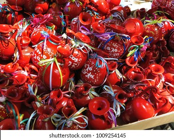 Red Clay Pots With Colorful Ribbons For Easter In Corfu, Greece