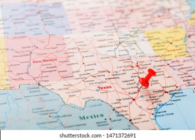 Red Clerical Needle On A Map Of USA, Texas And The Capital Austin. Closeup Map Texas With Red Tack, US Map Pin