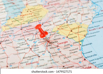 Red Clerical Needle On A Map Of USA, South Georgia U.S. State And The Capital Atlanta. Close Up Map Of South Georgia U.S. State With Red Tack