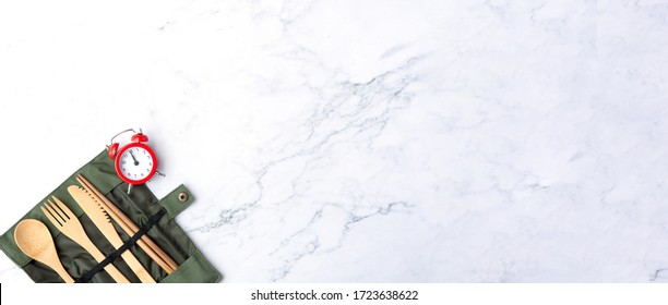 50s vintage Red Clock On Luxury Marble Textured Background Office Table Top View Studio Shot Concept Alarm Breaking Workplace At Noon For Lunch, Learning School Space, Count Down 2020 To 2021