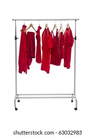 Red Clothes On A Rack Isolated On White Background