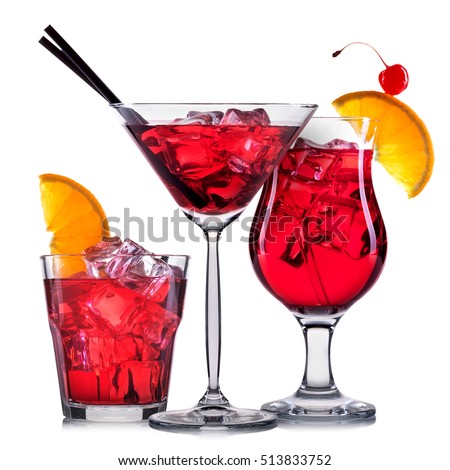 Red cocktail in glass isolated on white background.
