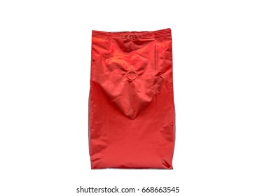 Red Coffee Bag Helps To Preserve Aroma, Taste And Prevent Mold. On A White Background There Is A Smell Hole. Can Sniff Coffee