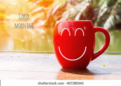 red coffee cup empty front porch the morning. Good morning or Have a happy day message concept - Shutterstock ID 407280343
