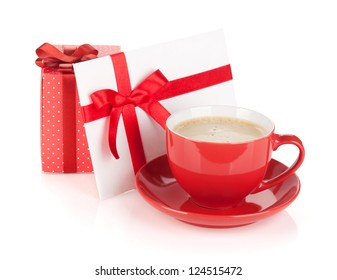 Red coffee cup, gift box and love letter with bow. Isolated on white background - Powered by Shutterstock