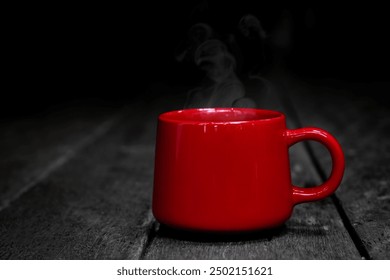 Red Coffee Cup, Red Coffee Mug On Vintage Wood Floor With Dark Background, Red Coffee Background - Powered by Shutterstock