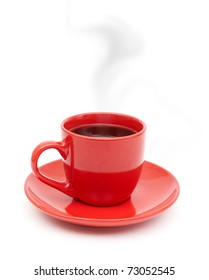 Red coffee cup on plate with smoke isolated on white background.
