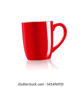 Red Coffee Mug With Shadow On White Background.