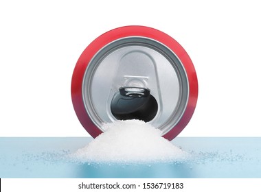 Red Cola, Soda Or Fizzy Drinks Can With Sugar Pouring Out. Isolated On White Background Behind. Unhealthy Eating Concept.