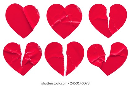 Red color broken heart shape sticker set isolated on white background