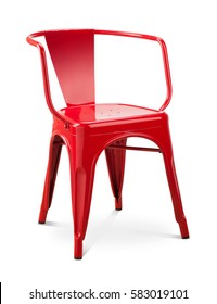 Red Color Chair, Plastic, Metal Chair, Modern Designer. Chair Isolated On White Background. Series Of Furniture