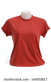 Red Color Female Tshirt Template On The Mannequin Ready For Your Own Graphics.