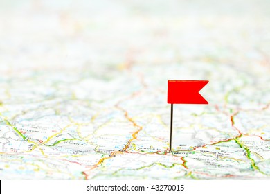 Red Color Flag Pin On Map, Shallow Focus