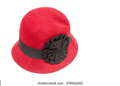 Red color hat for women on white background isolated