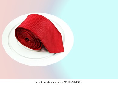 Red Color Polyester Fabric Necktie Isolated On White Placement Left Sided With Color Gradient Background And Free Space For Texting 