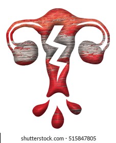 A Red Color Weathered Timber Plank Icon Of A Female Uterus With Discharge Droplets, Isolated Against White.