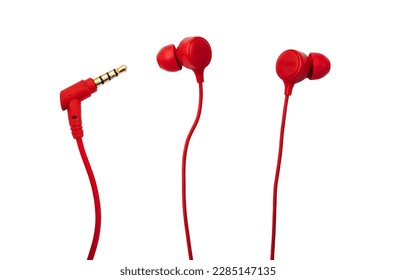 Red color Wired Earphone with Cable Jack or Plug Isolated on white background