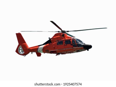 Red colored coast guard helicopter isolated on white background