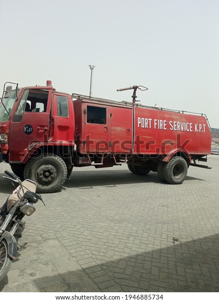 A red colored Kpt fire brigade truck  - Karachi\
Pakistan - Mar 2021