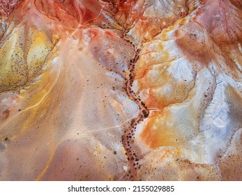 Red Colorful Mountains In Altai, Siberia, Russia. Aerial Top Down View. Kyzyl-Chin Valley, Also Called As Mars Valley. Abstract Nature Background