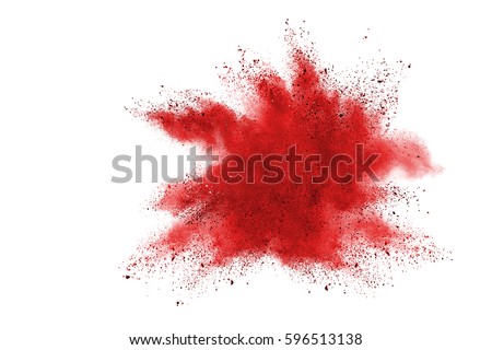 Red colorful powder explosion on white background. Colored cloud. Colorful dust explode. Paint Holi.
