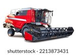 Red combine harvester, agriculture machinery, farming vehicle isolated over white, with clipping path.