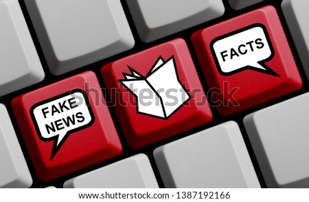 Red computer keyboard with newspaper icon showing Fake News or Facts