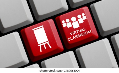 Red Computer Keyboard Showing Virtual Classroom Concept