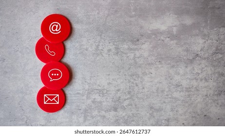 Red Contact Us Icons on Grey Background: Email, Phone, Chat, and Mail Symbols for Customer Service