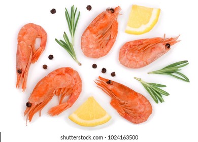Red Cooked Prawn Or Shrimp With Rosemary And Lemon Slice Isolated On White Background. Top View. Flat Lay