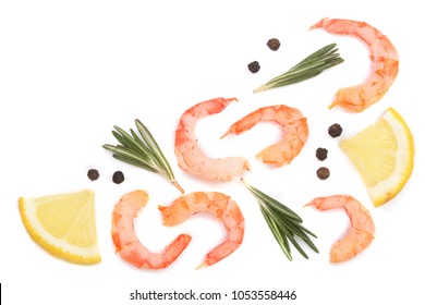 Red Cooked Prawn Or Shrimp With Rosemary And Lemon Isolated On White Background With Copy Space For Your Text. Top View. Flat Lay.