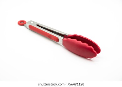 Red Cooking Tongs Isolated On A White Background