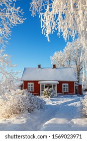 Red cottage in a cold winter garden