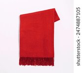 Red cotton, wool thread scarf. Thick and warm scarf for the coming season. Clothing to wear in autumn and winter frigid seasons. Outfit to keep your face, neck, back warm isolated on white background