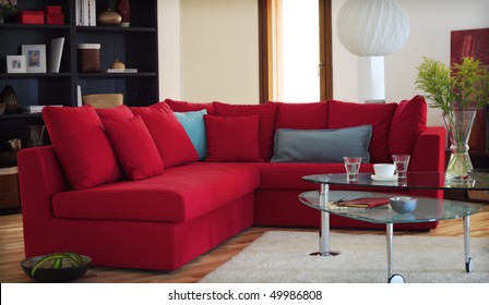 Red Couch In Modern Living Room