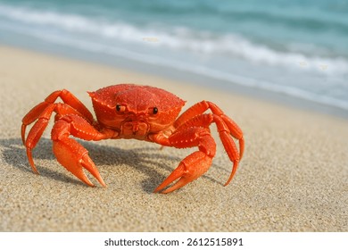 Red crab on the sandy seashore on a nice sunny day.
