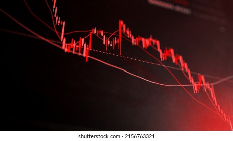 The red crashing market volatility of crypto trading with technical graph and indicator, red candlesticks going down without resistance, market fear and downtrend. Cryptocurrency background concept. - Shutterstock ID 2156763321