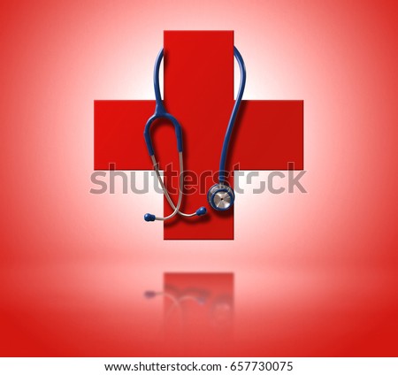Red cross as a symbol of medical health. With hanging stethoscope and reflex. Frontal view
